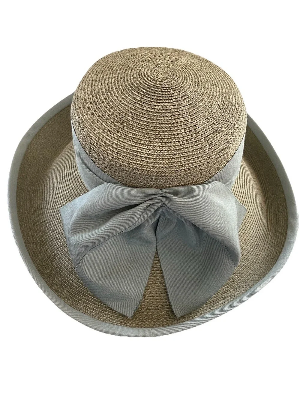 ERIC JAVITS Beige Natural Straw Wide Brim Fedora Floppy Sun Hat Blue Wide Bow